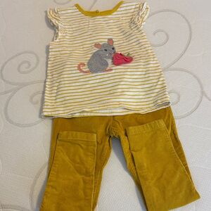 Mini Boden Striped Mouse Top sz 3/4 and Mustard Cord Pants sz 5 Set euc